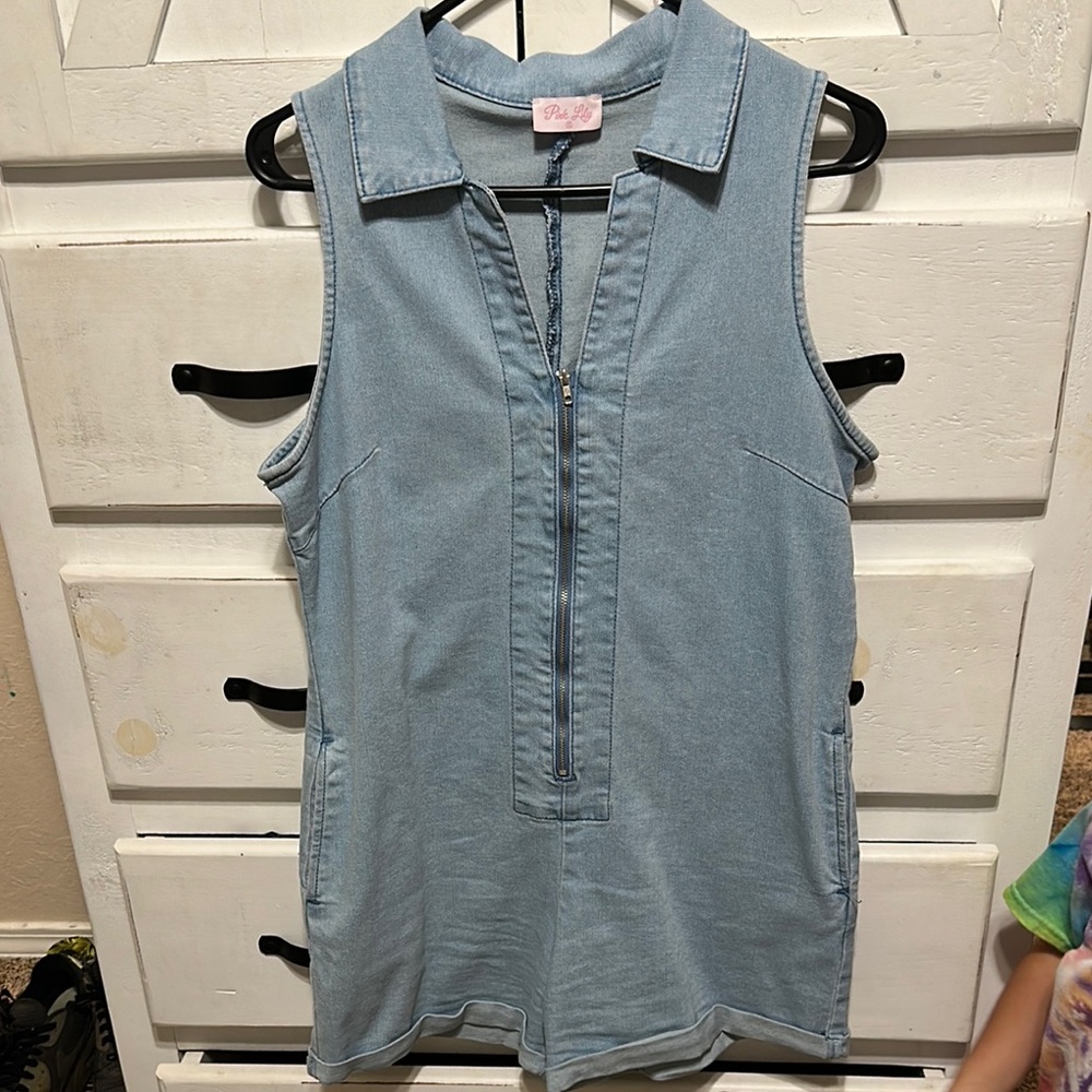 Pink Lily Rose Blue Front Zipper Denim Romper
